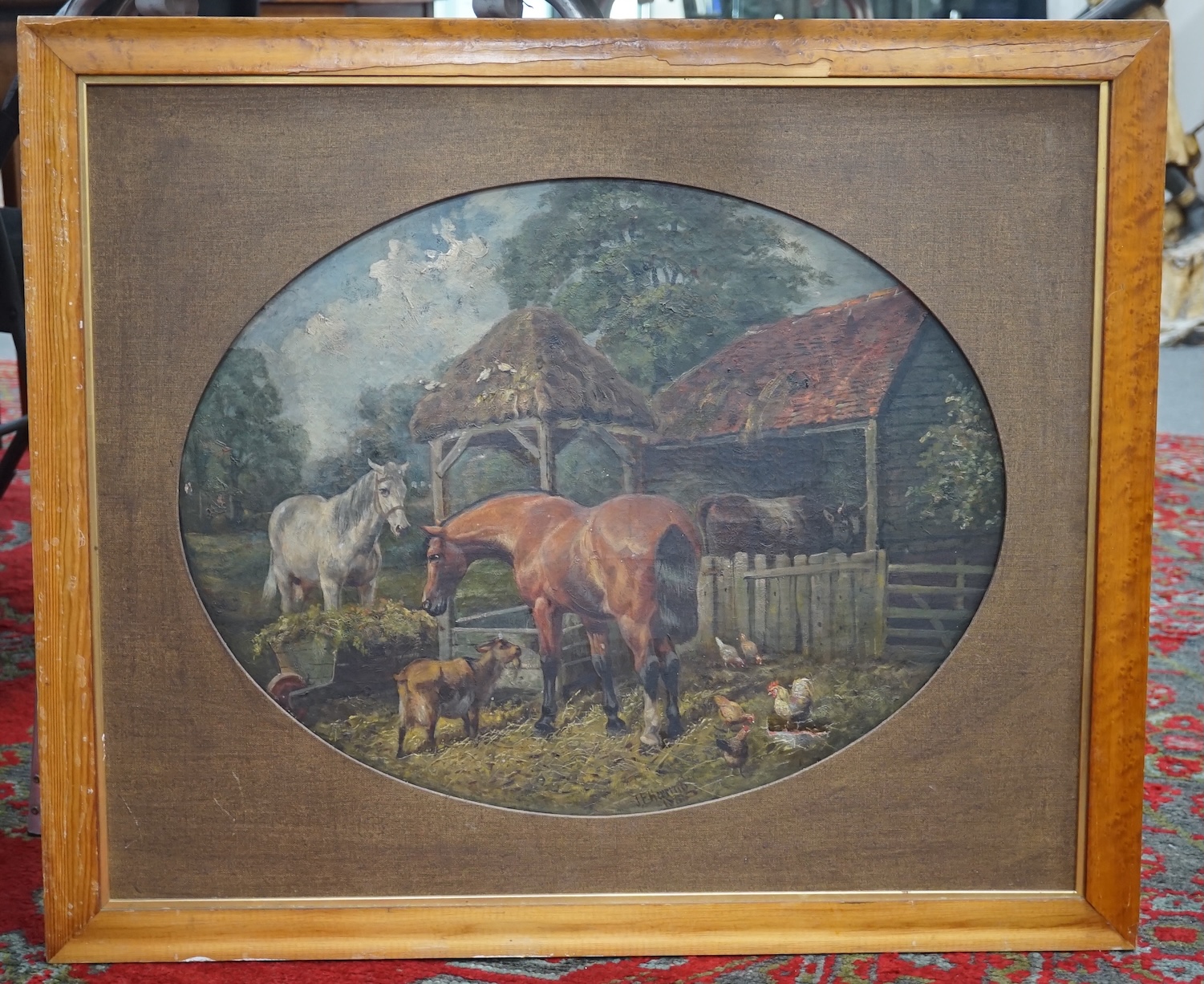 After J. F. Herring (1815-1907), tondo oil on canvas, farmyard scene, 47cm in diameter, maple framed, Condition - poor